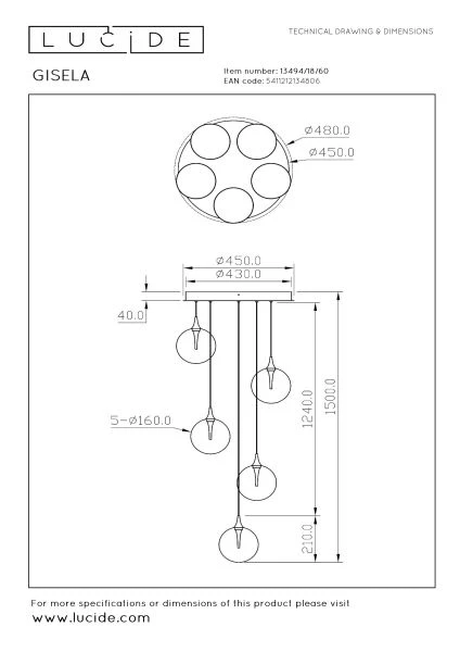 Lucide Premium GISELA - Pendant light - Ø 48 cm - LED Dim. - 5x3,8W 2700K - Transparant - technical